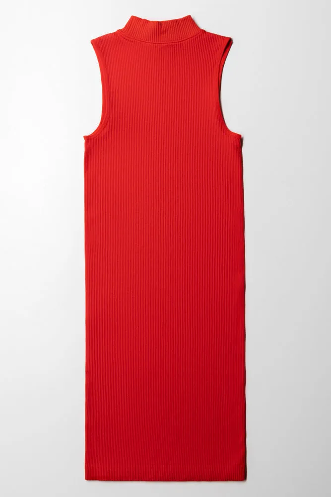 Seamless Turtle Neck Sleeveless Dress Red