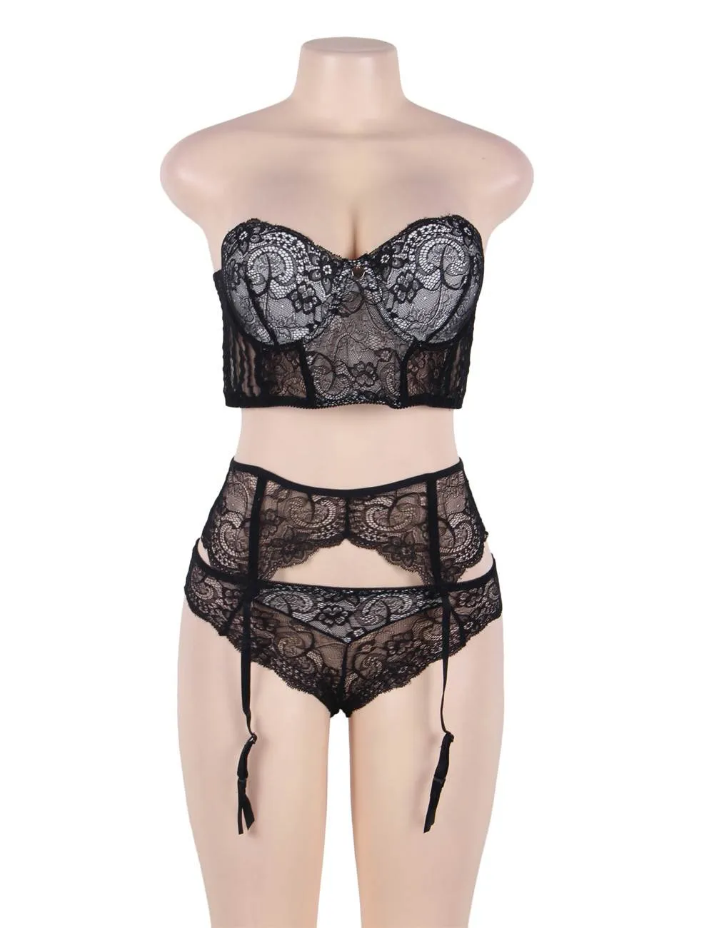 Seductive Black 3 Piece Delicate Lace Bra Garter Set Egypt