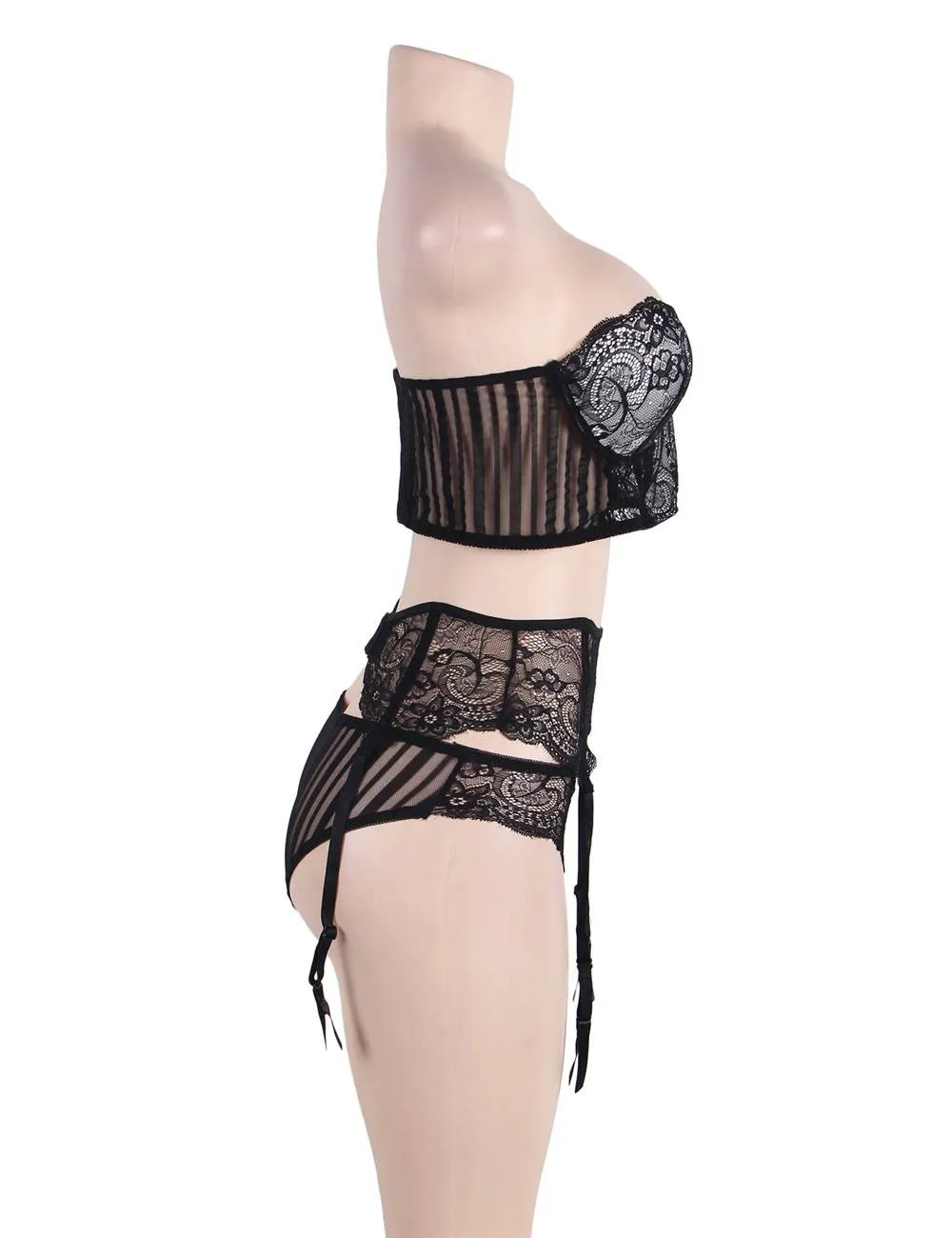 Seductive Black 3 Piece Delicate Lace Bra Garter Set Egypt
