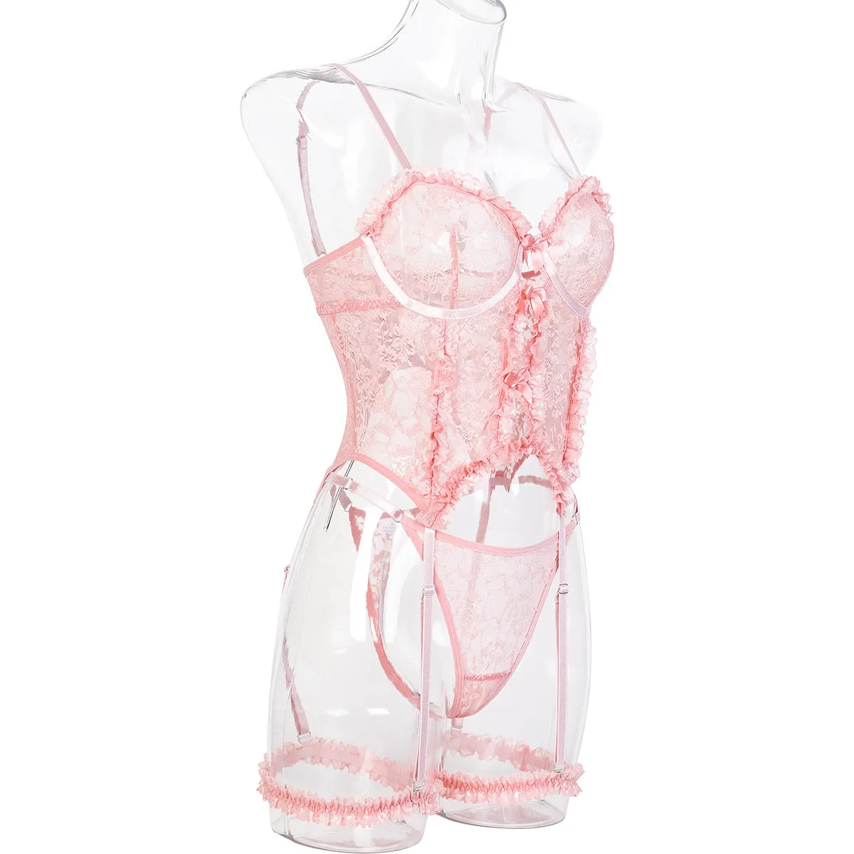 See through Sexy Lingerie Set Pink Lace Pleated Lace Hollow Out Cutout