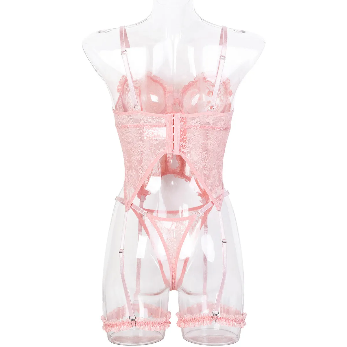 See through Sexy Lingerie Set Pink Lace Pleated Lace Hollow Out Cutout