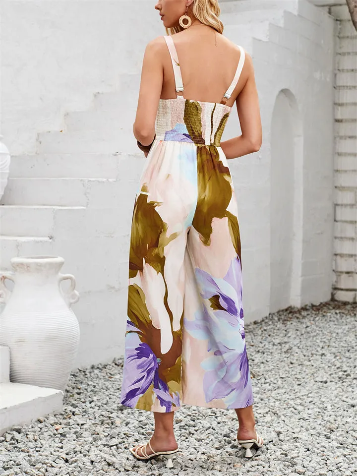 Sexy Casual Sleeveless V Neck Cut Out Print Jumpsuit for Lady
