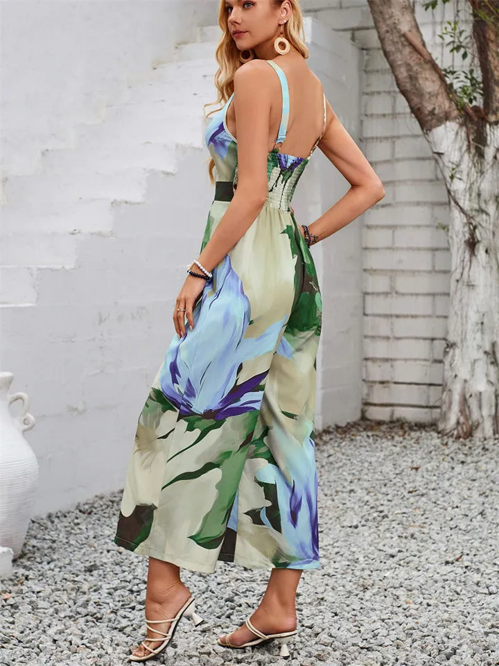 Sexy Casual Sleeveless V Neck Cut Out Print Jumpsuit for Lady