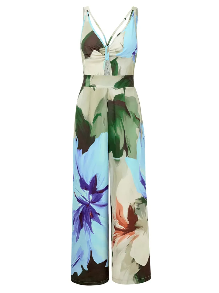 Sexy Casual Sleeveless V Neck Cut Out Print Jumpsuit for Lady