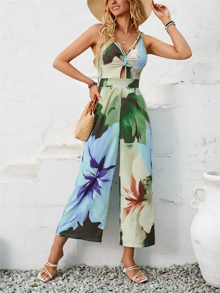 Sexy Casual Sleeveless V Neck Cut Out Print Jumpsuit for Lady
