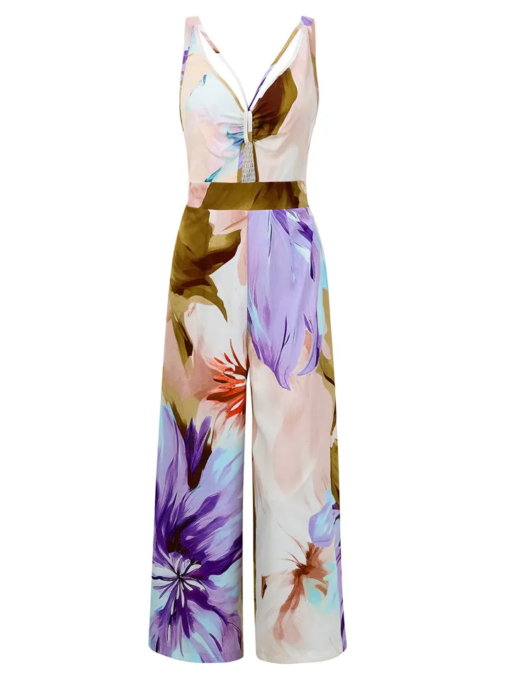Sexy Casual Sleeveless V Neck Cut Out Print Jumpsuit for Lady