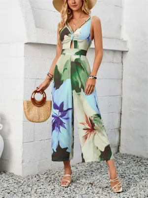 Sexy Casual Sleeveless V Neck Cut Out Print Jumpsuit for Lady