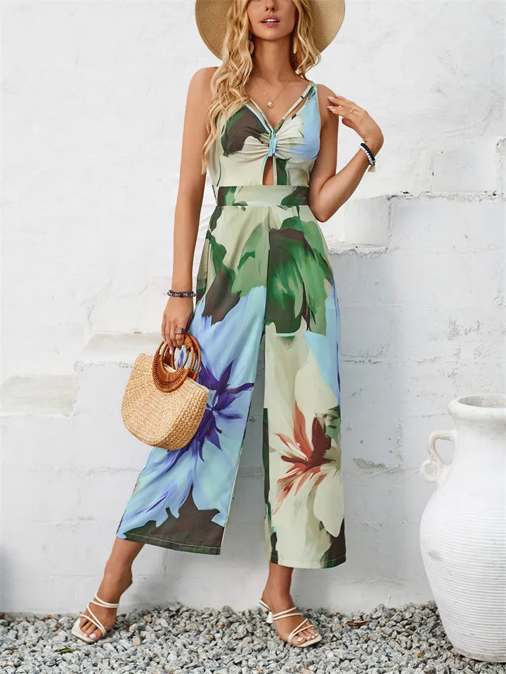Sexy Casual Sleeveless V Neck Cut Out Print Jumpsuit for Lady
