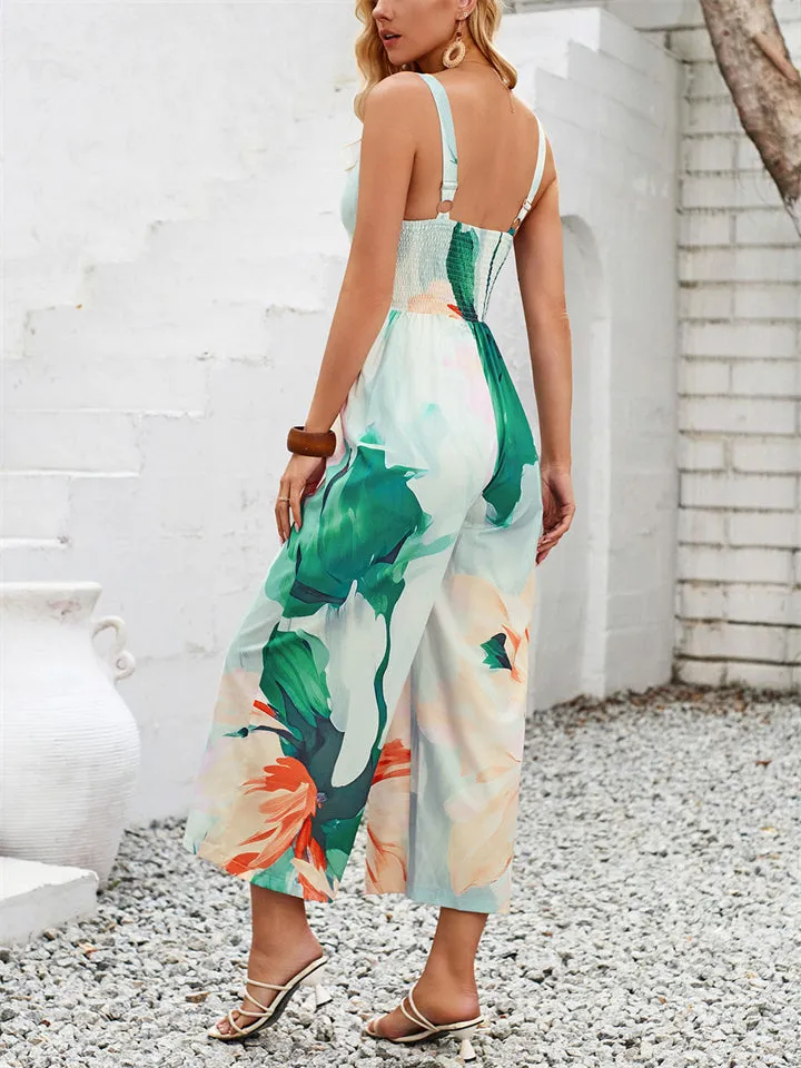 Sexy Casual Sleeveless V Neck Cut Out Print Jumpsuit for Lady