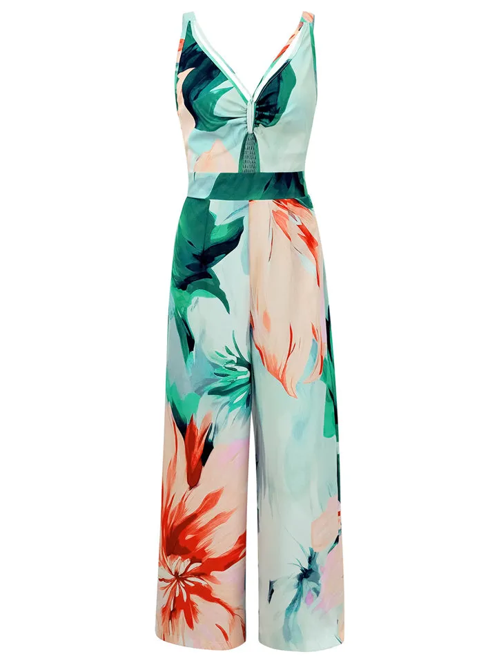 Sexy Casual Sleeveless V Neck Cut Out Print Jumpsuit for Lady