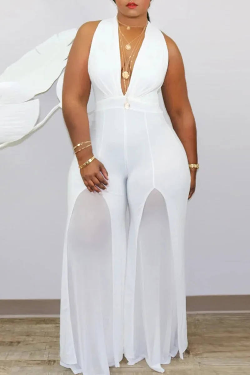 Sexy Casual Work Solid Slit Mesh V Neck Loose Jumpsuits