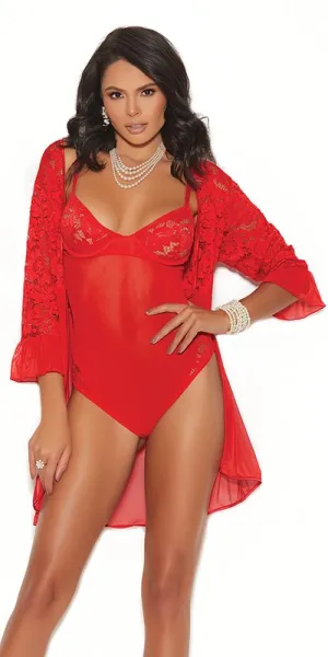 Sexy Holiday Red Mesh and Lace Teddy and Robe