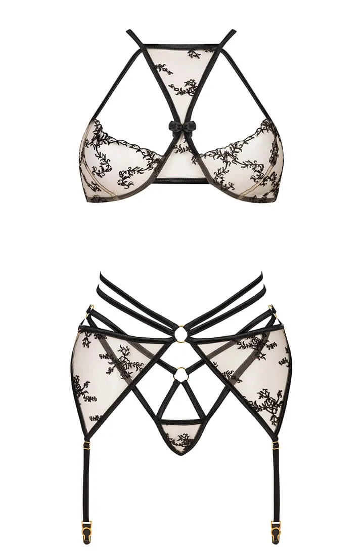 Sheer nude lingerie set with black lace - Ally