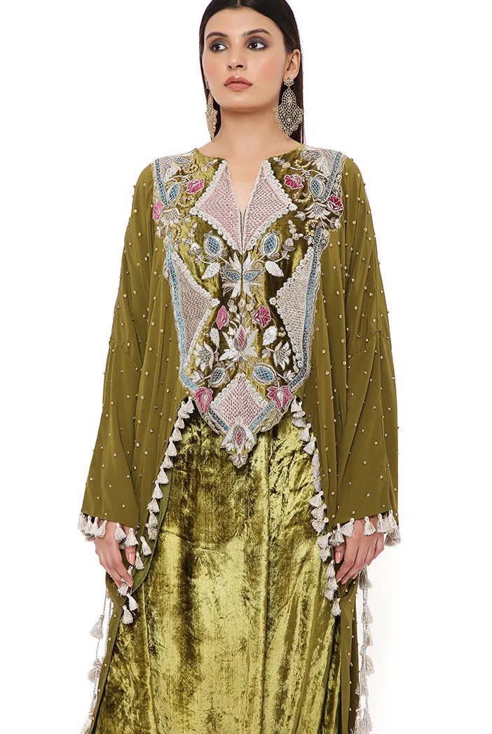 SHIRIN OLIVE CREPE EMBROIDERED HIGH LOW KAFTAN AND VELVET LOW CROTCH PANTS