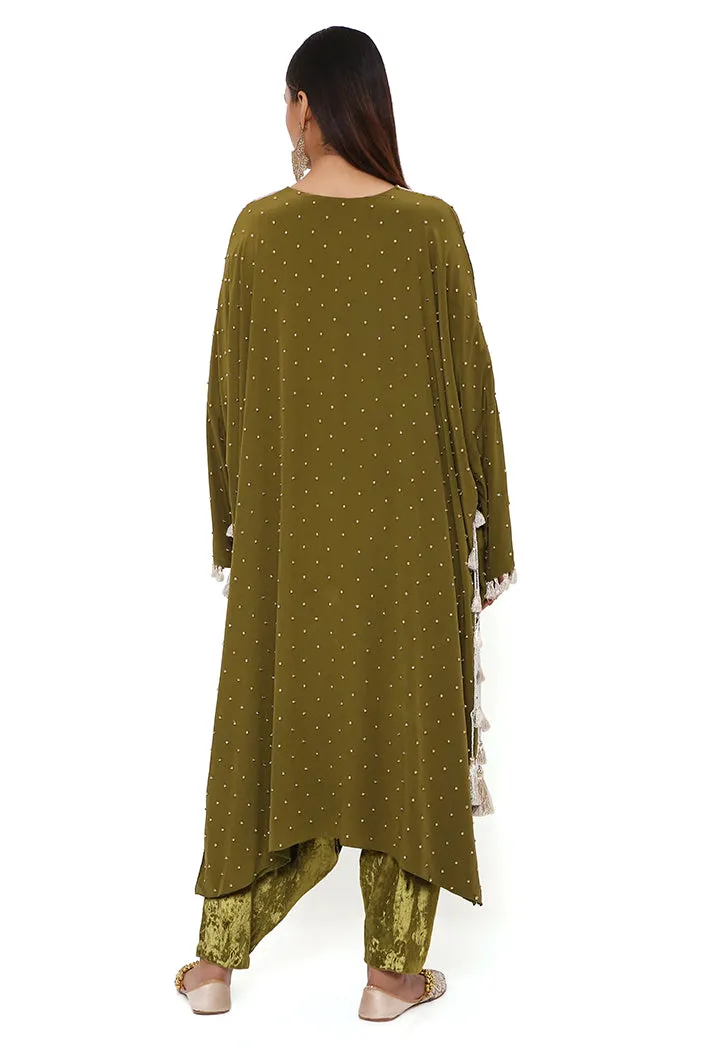 SHIRIN OLIVE CREPE EMBROIDERED HIGH LOW KAFTAN AND VELVET LOW CROTCH PANTS