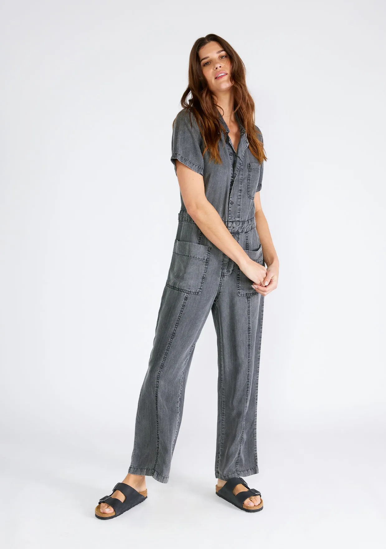 Short Sleeve Collared Button Front Jumpsuit