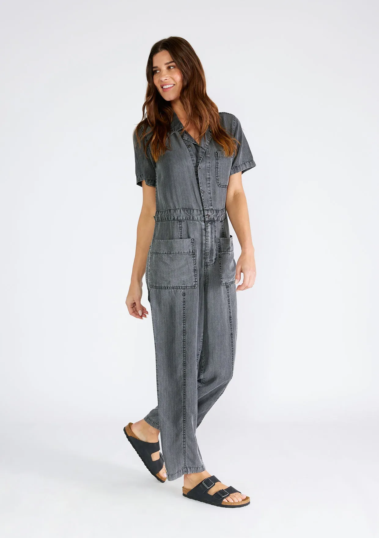 Short Sleeve Collared Button Front Jumpsuit