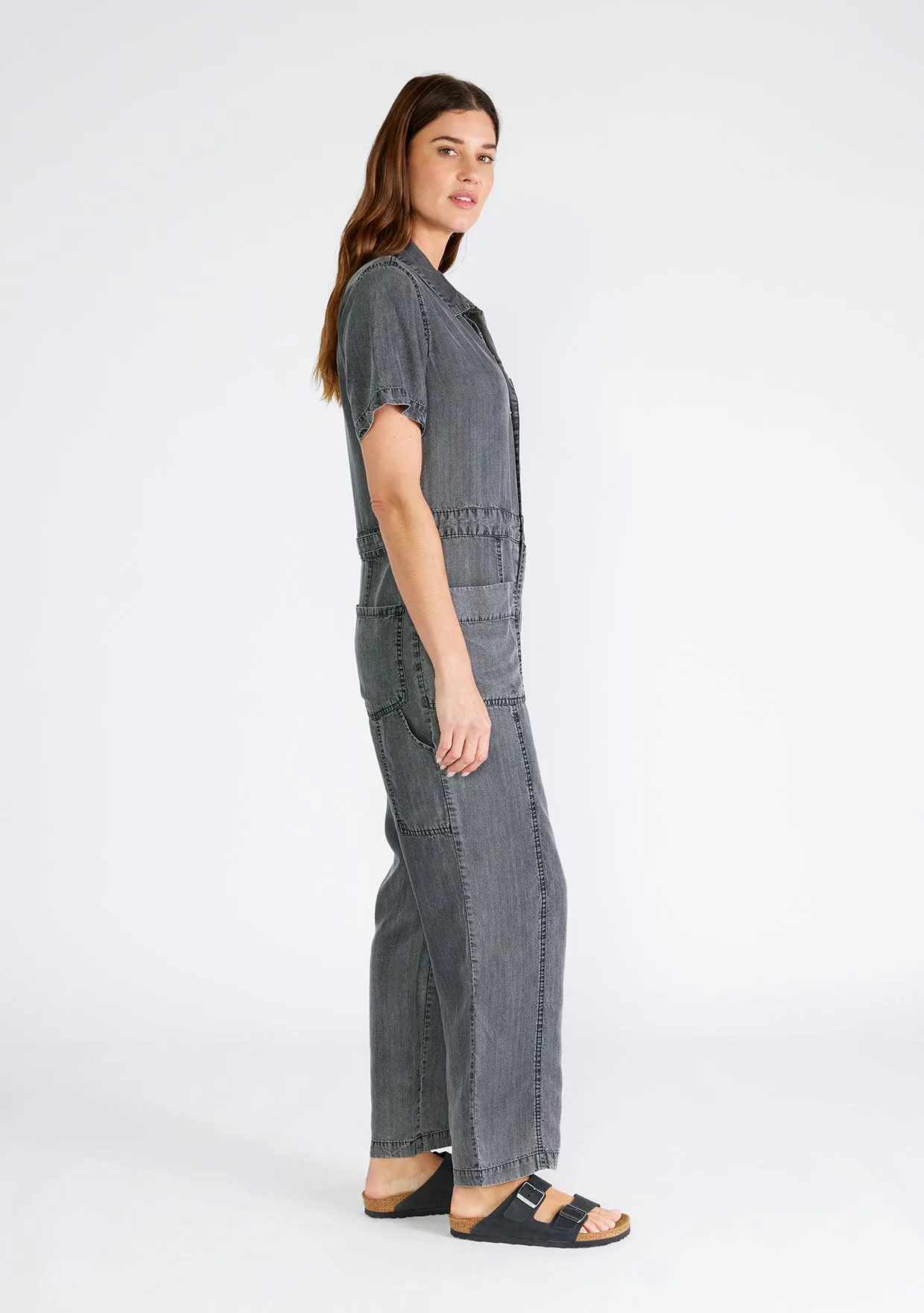 Short Sleeve Collared Button Front Jumpsuit
