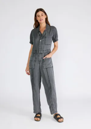 Short Sleeve Collared Button Front Jumpsuit