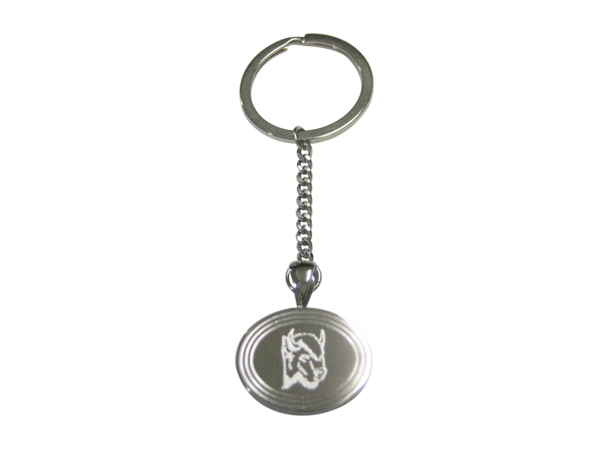 Silver Toned Etched Oval Bison Head Pendant Keychain