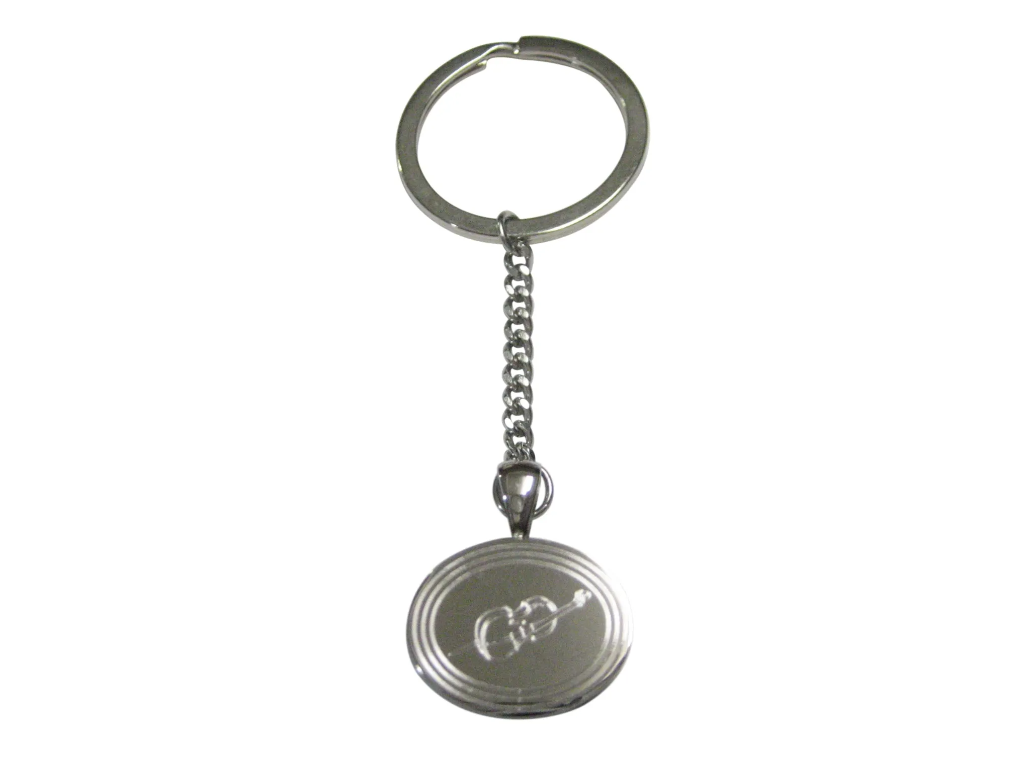 Silver Toned Etched Oval Cello Music Instrument Pendant Keychain