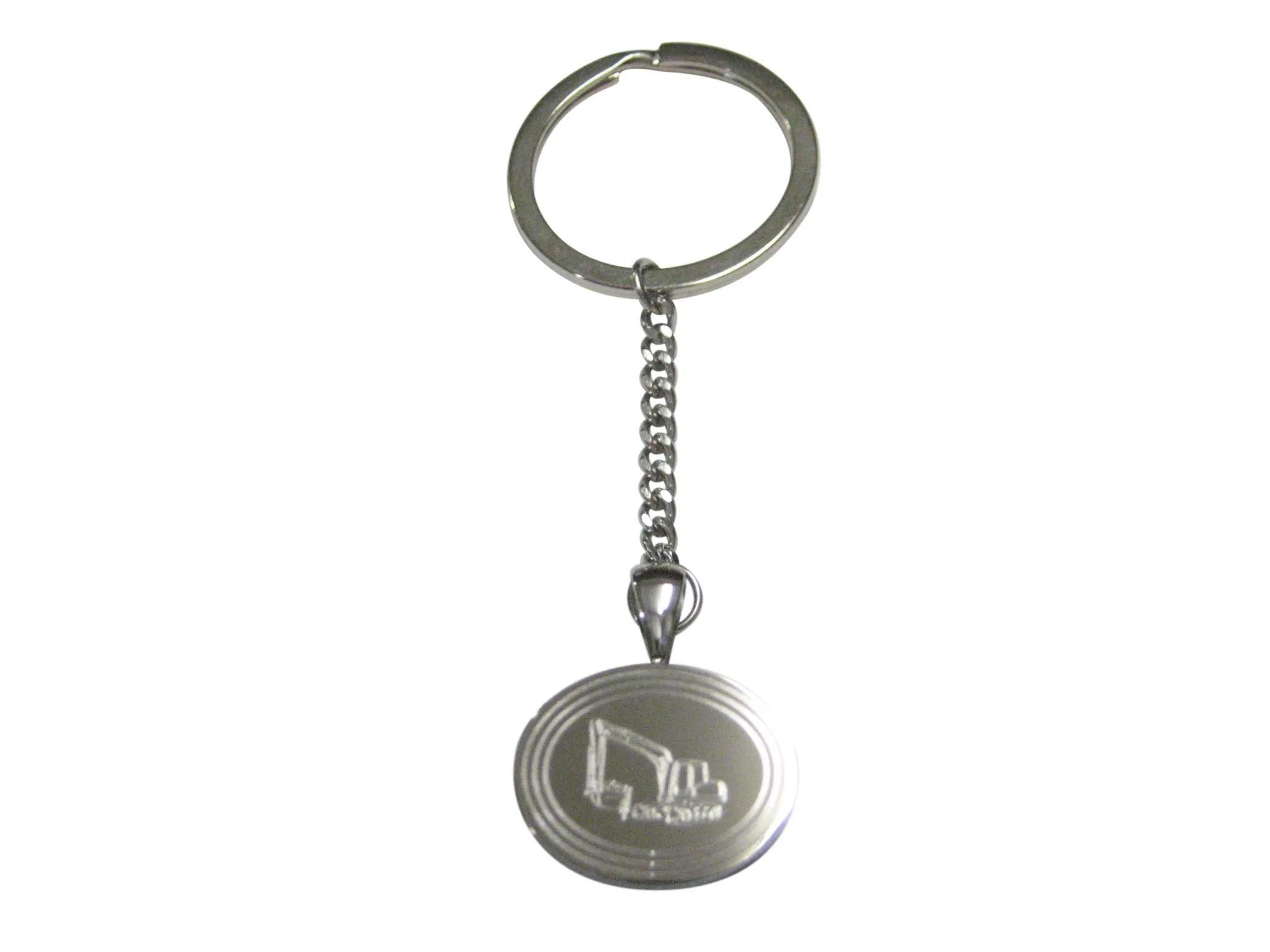 Silver Toned Etched Oval Excavator Pendant Keychain