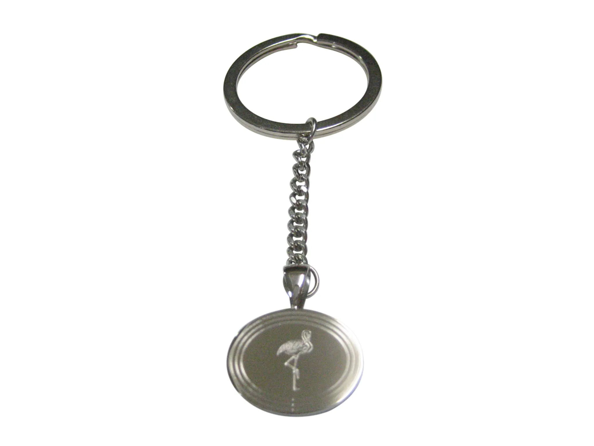 Silver Toned Etched Oval Flamingo Bird Pendant Keychain