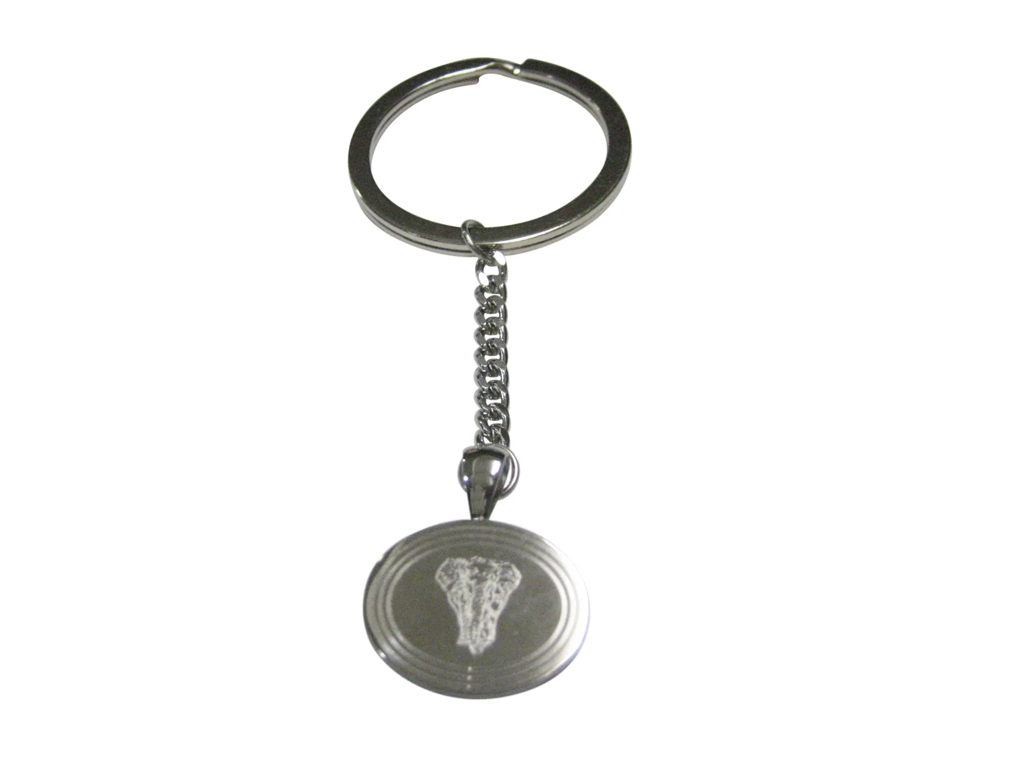 Silver Toned Etched Oval Front Facing Elephant Pendant Keychain