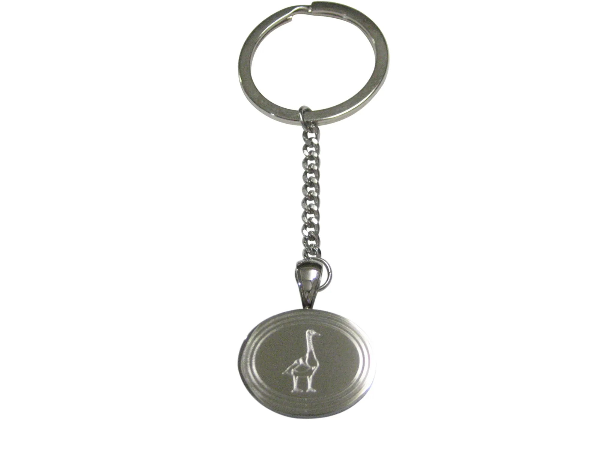 Silver Toned Etched Oval Goose Bird Pendant Keychain