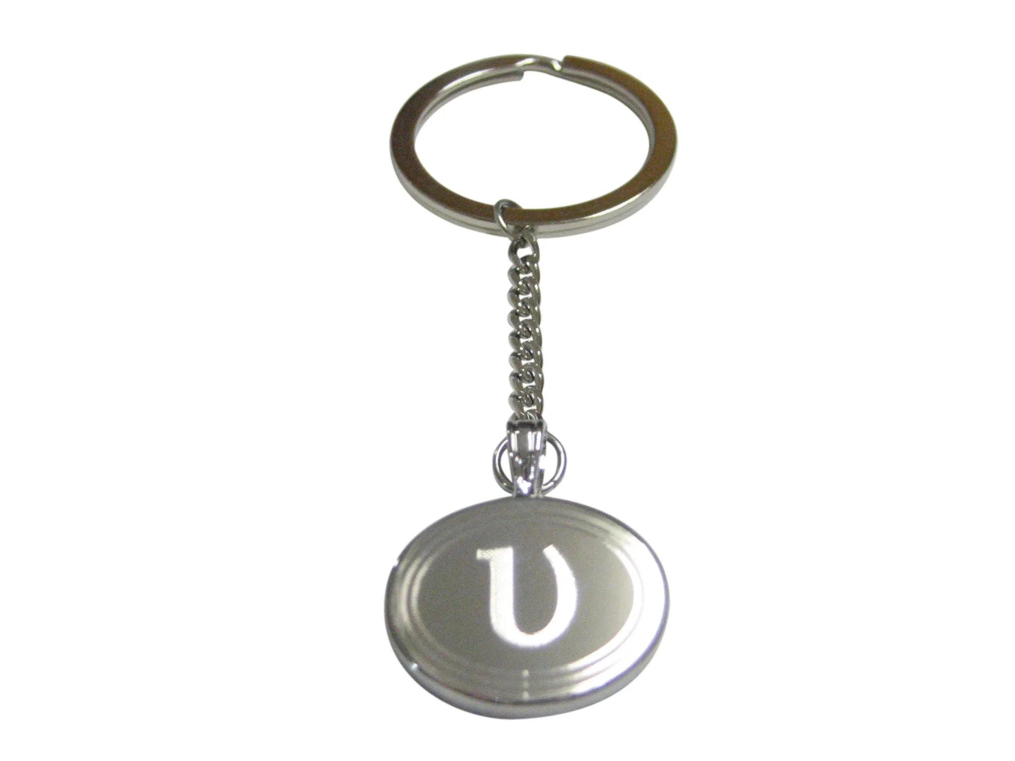 Silver Toned Etched Oval Greek Letter Upsilon Pendant Keychain