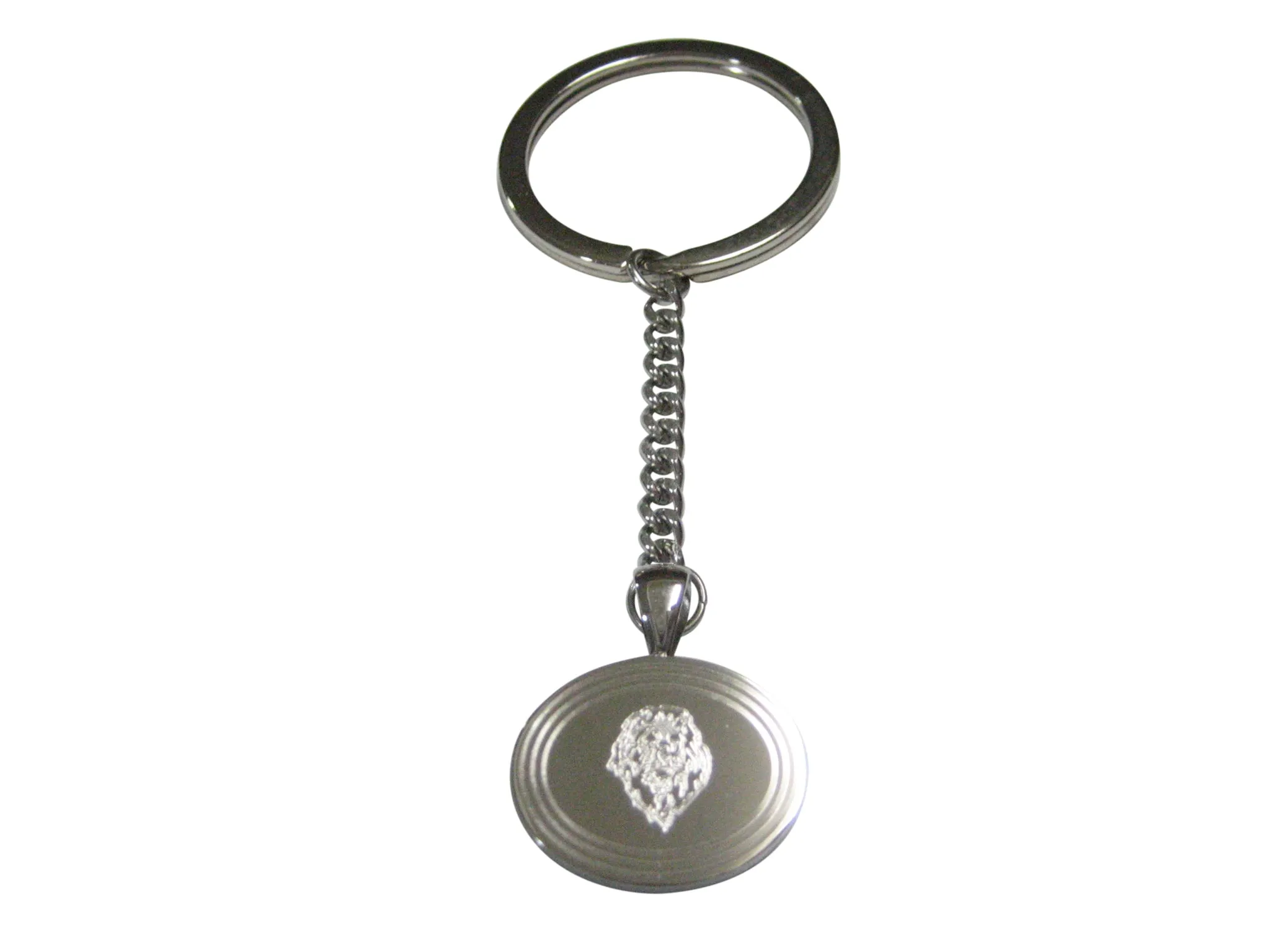 Silver Toned Etched Oval Lion Head Pendant Keychain