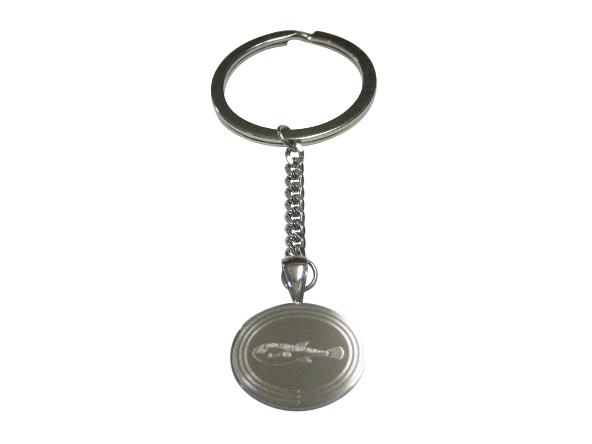 Silver Toned Etched Oval Puffer Fish Pendant Keychain