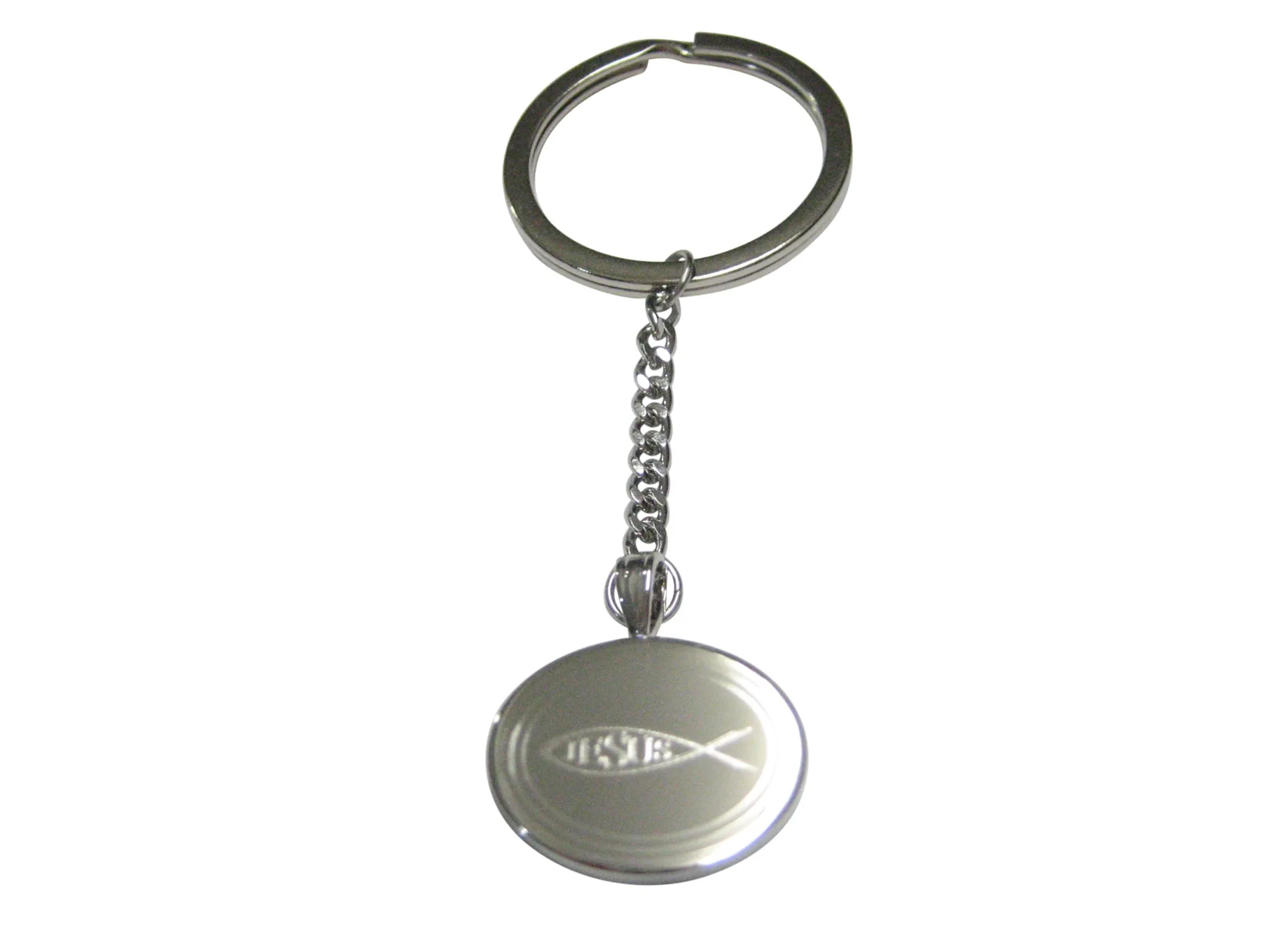 Silver Toned Etched Oval Religious Ichthys Jesus Fish Pendant Keychain
