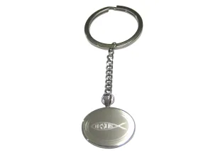 Silver Toned Etched Oval Religious Ichthys Jesus Fish Pendant Keychain