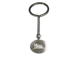Silver Toned Etched Oval Resting Tiger Pendant Keychain
