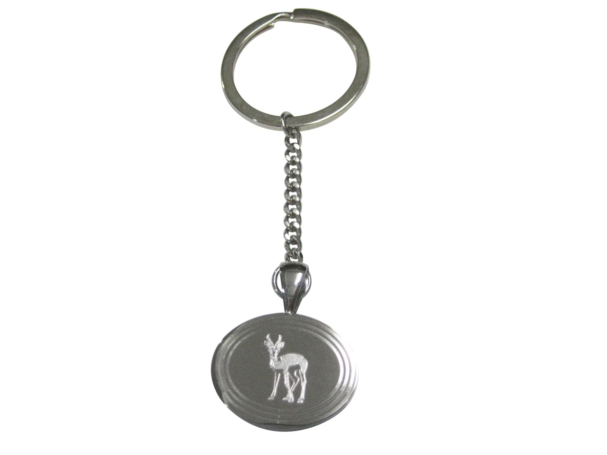 Silver Toned Etched Oval Roebuck Deer Pendant Keychain