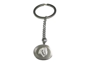Silver Toned Etched Oval Side Facing Lion Head Pendant Keychain