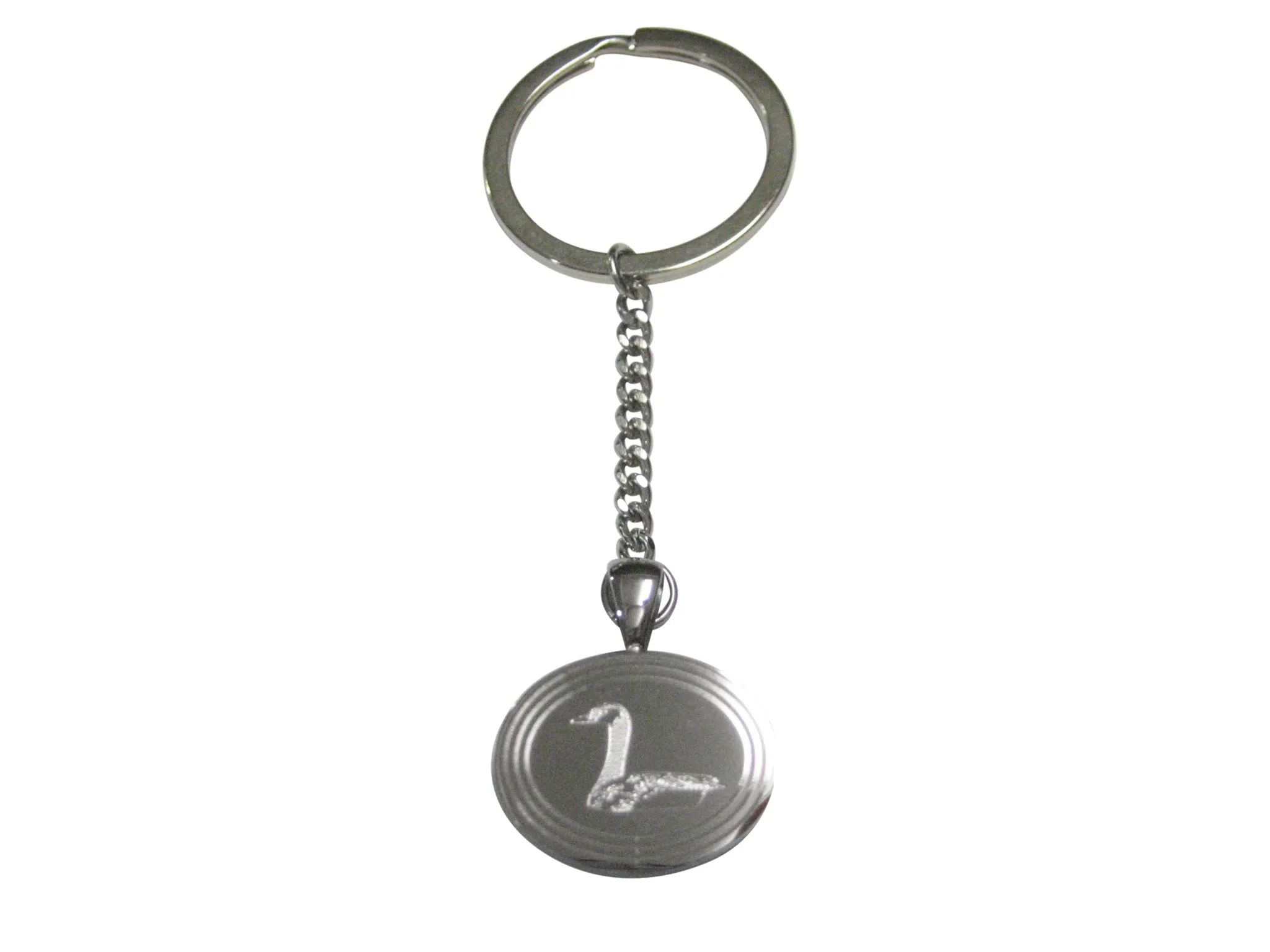 Silver Toned Etched Oval Sitting Goose Bird Pendant Keychain