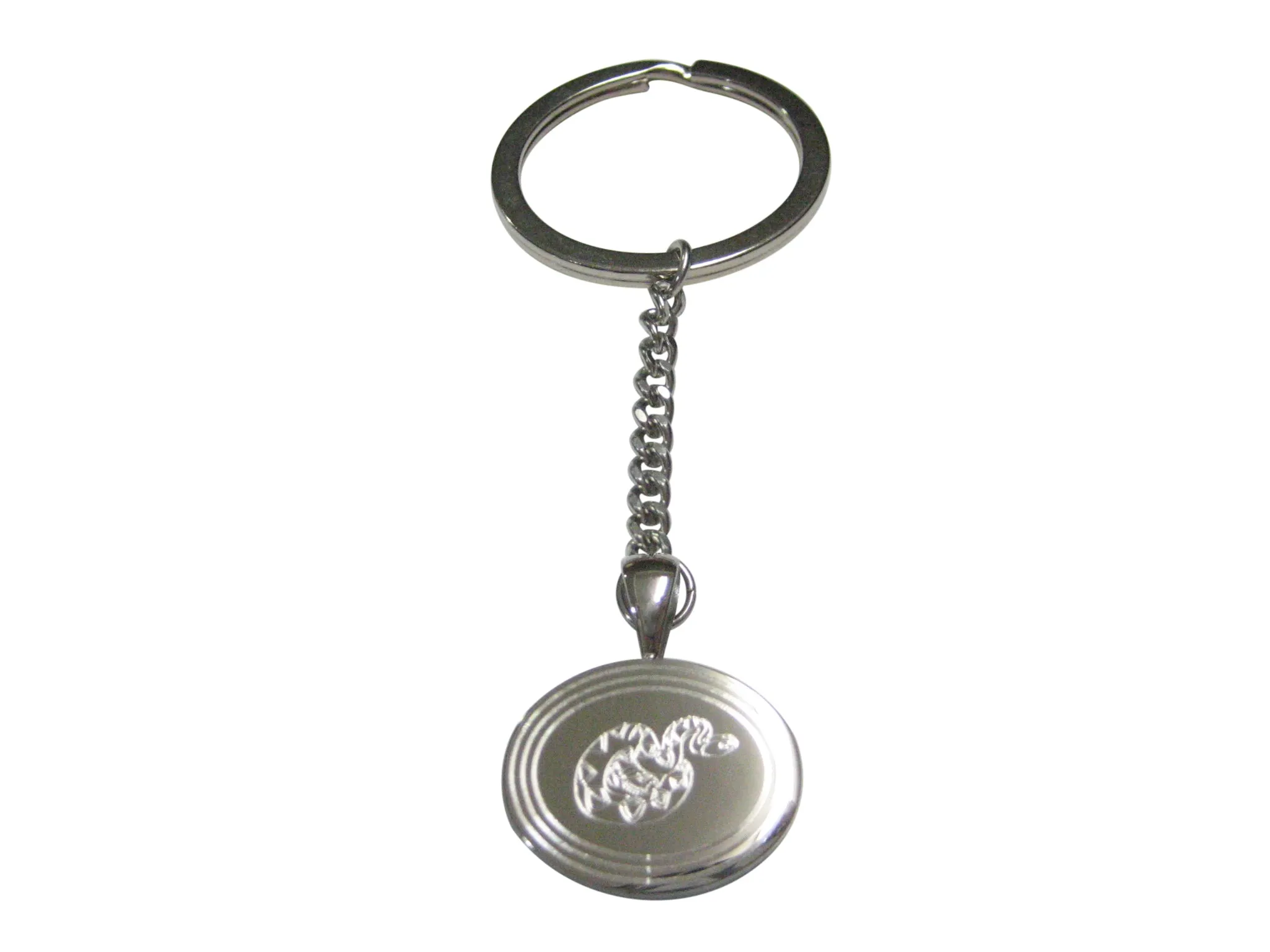 Silver Toned Etched Oval Snake Pendant Keychain