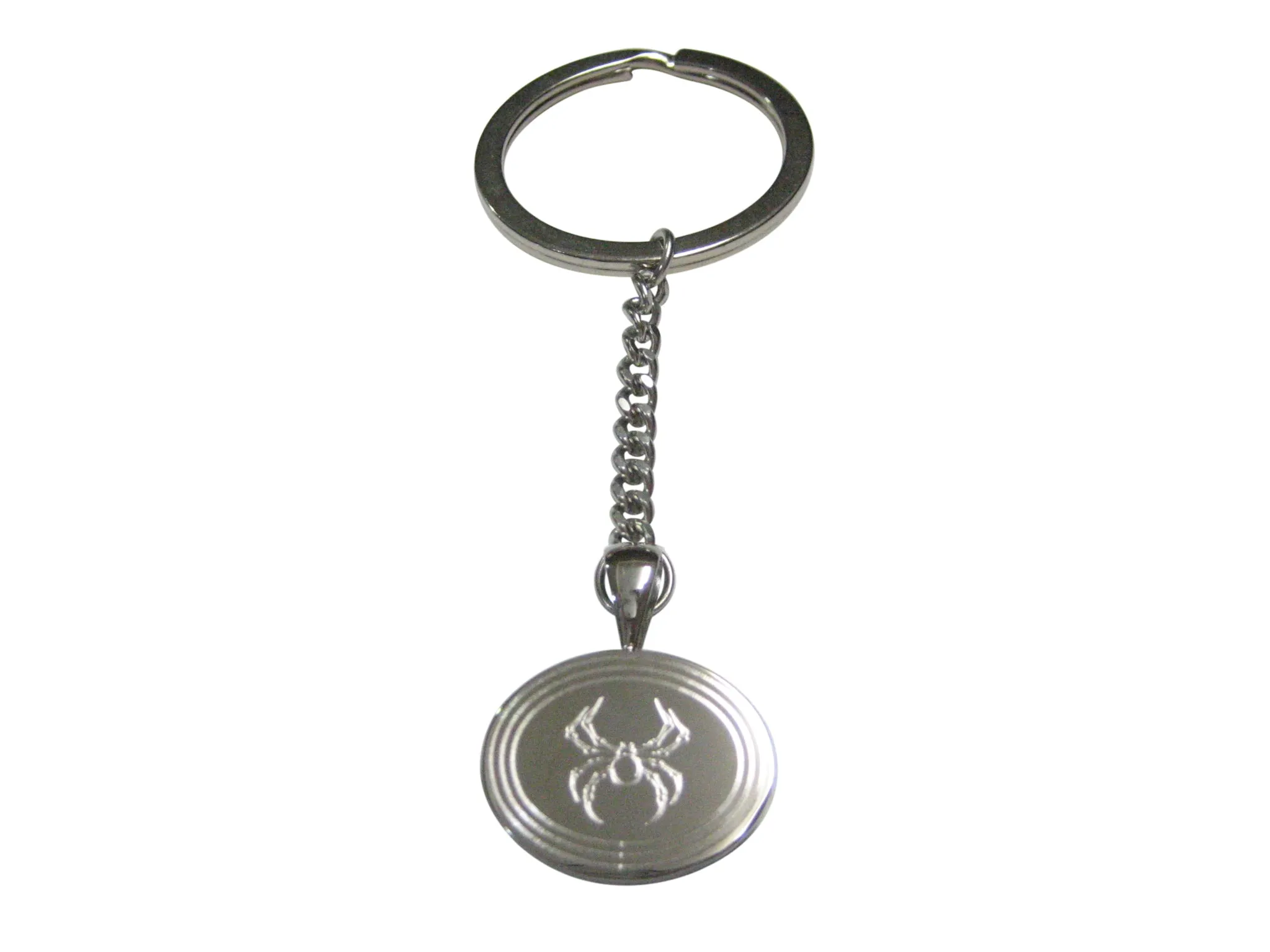 Silver Toned Etched Oval Spider Bug Insect Pendant Keychain