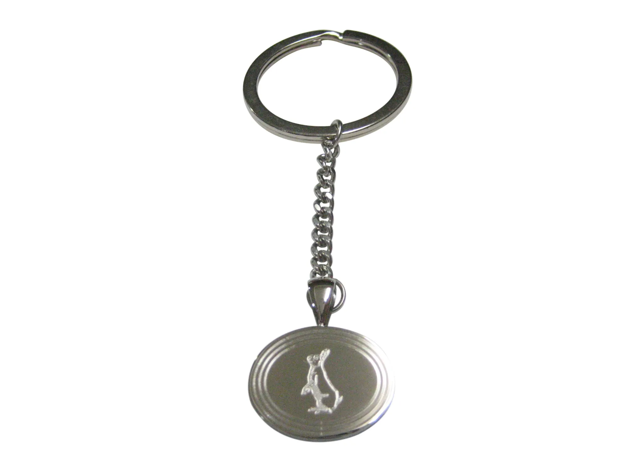 Silver Toned Etched Oval Standing Rabbit Pendant Keychain
