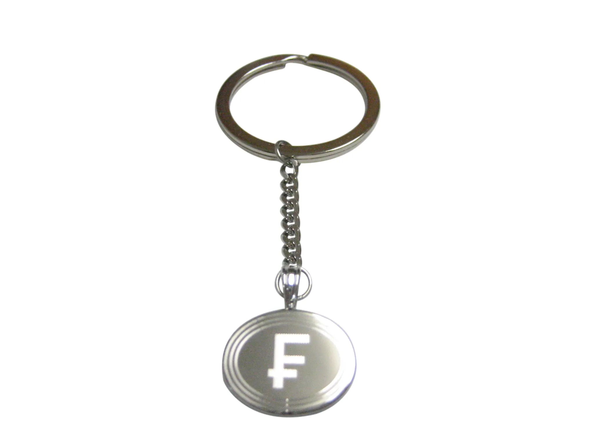 Silver Toned Etched Oval Swiss Franc Currency Sign Pendant Keychain