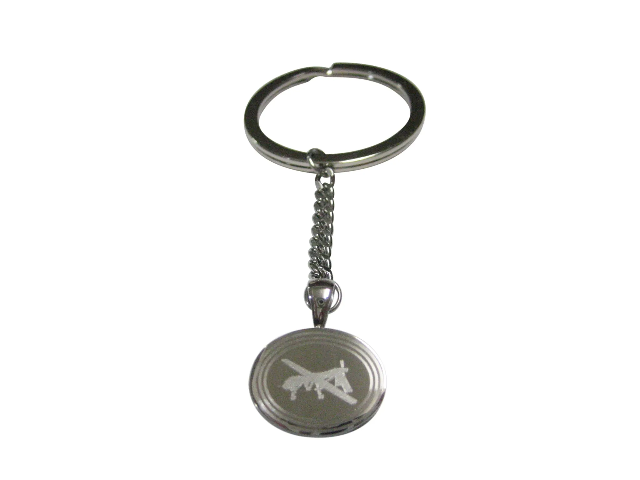 Silver Toned Etched Oval Unmanned Aerial Vehicle UAV Drone Pendant Keychain