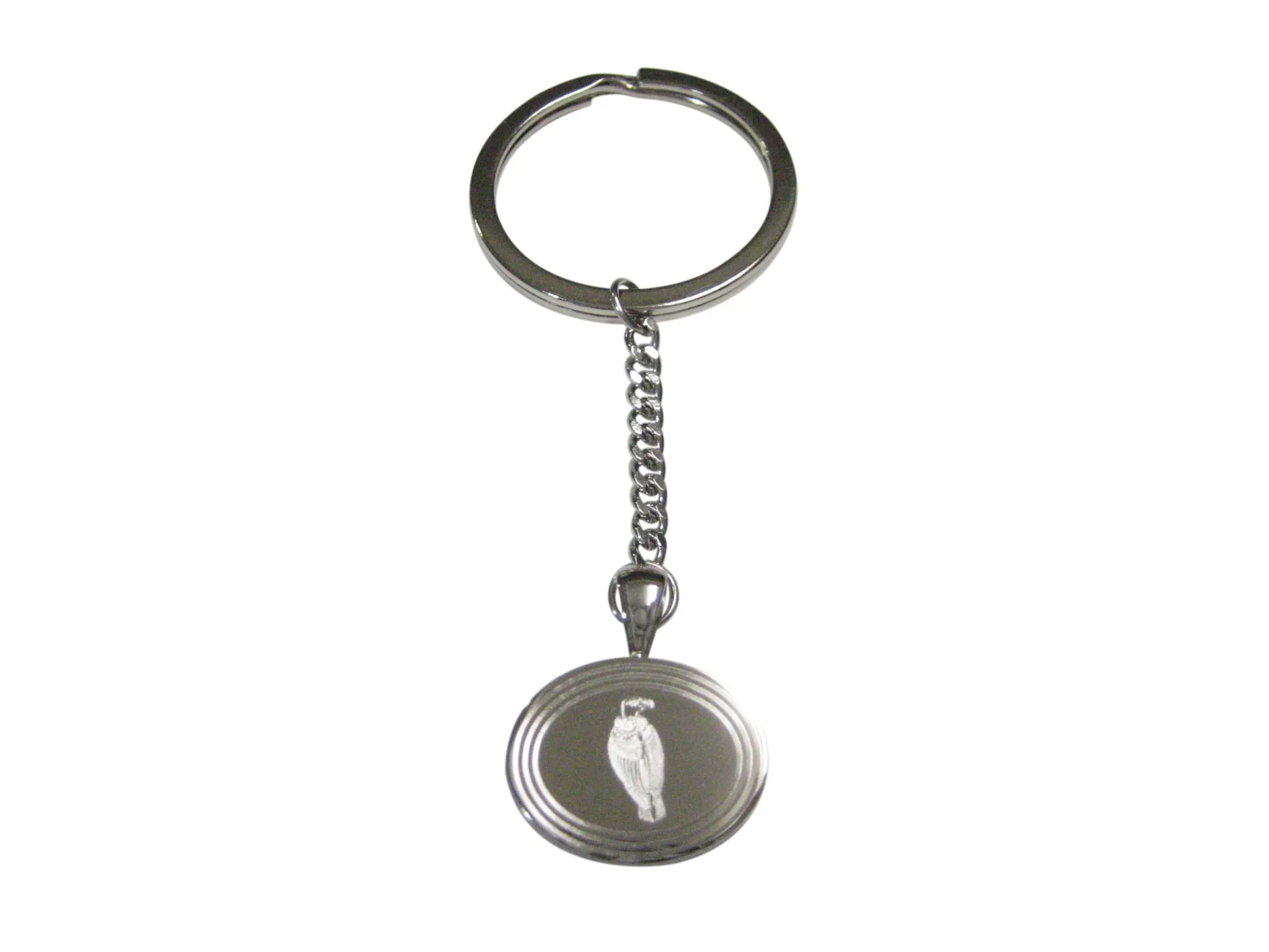 Silver Toned Etched Oval Vulture Bird Pendant Keychain