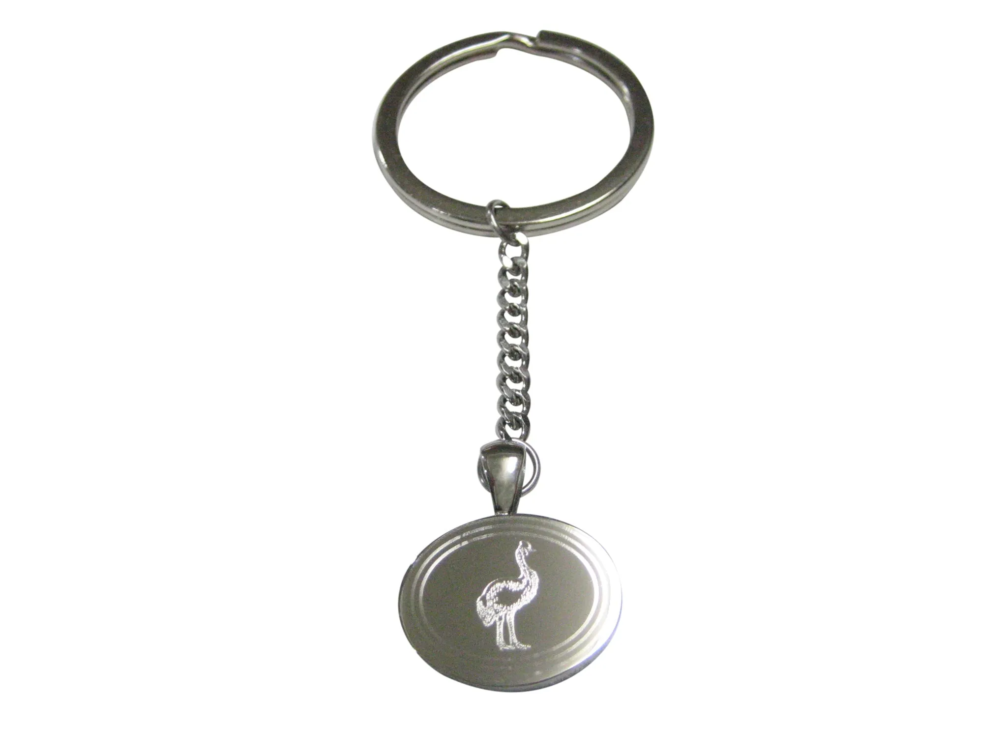 Silver Toned Oval Etched Cassowary Bird Pendant Keychain