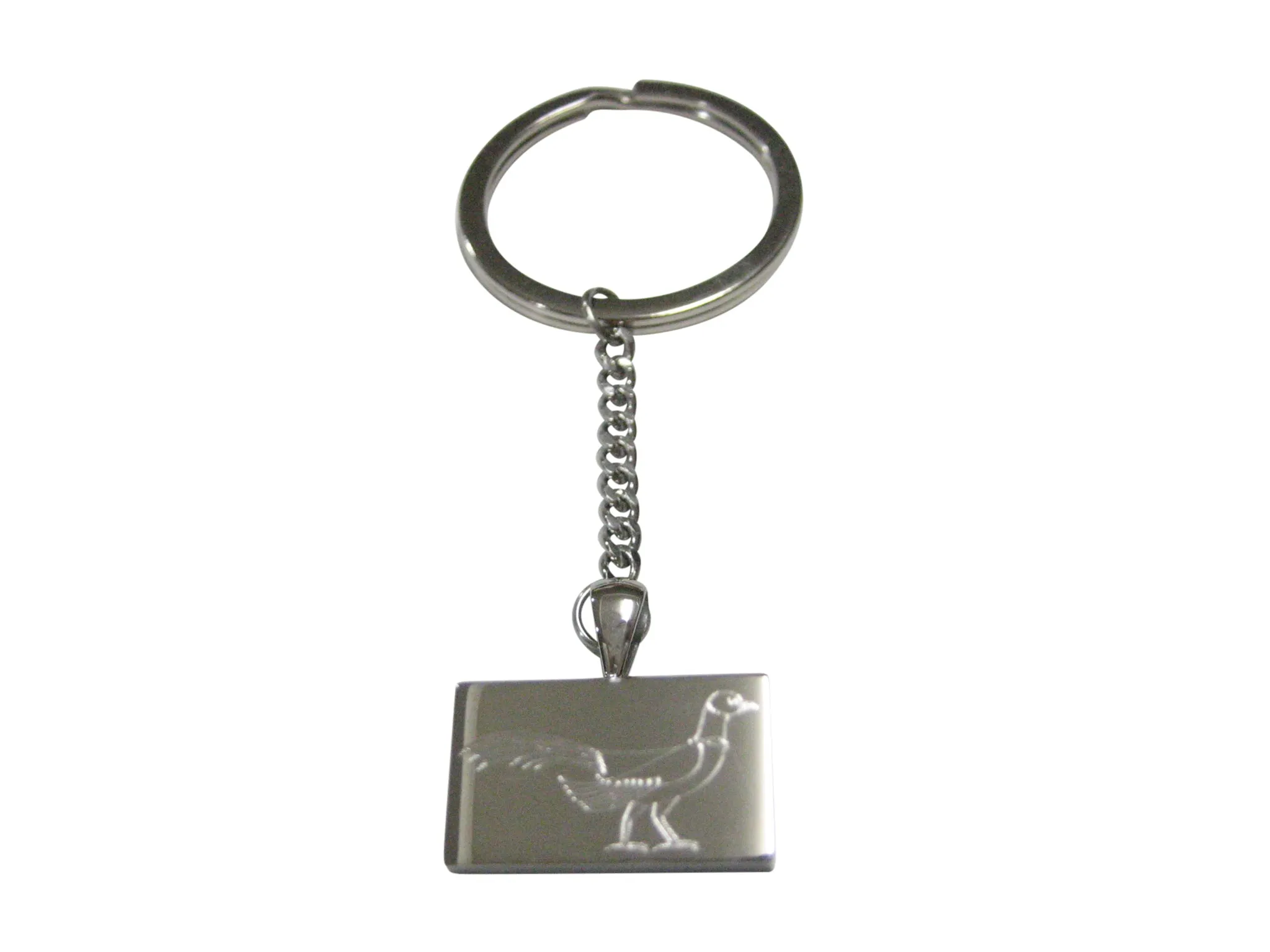 Silver Toned Rectangular Etched Pheasant Bird Pendant Keychain