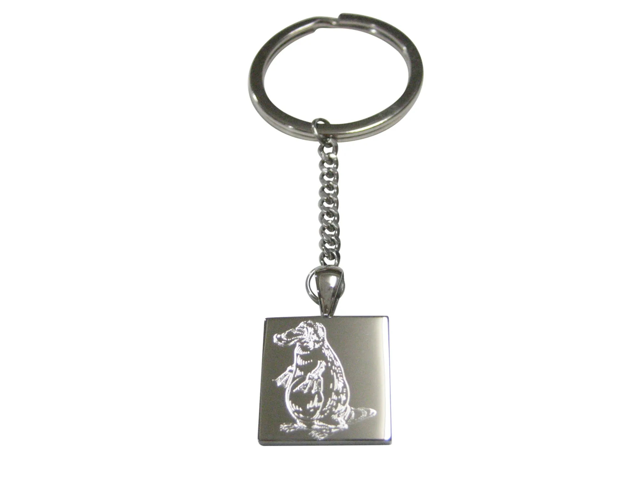 Silver Toned Square Etched Duck Billed Platypus Pendant Keychain