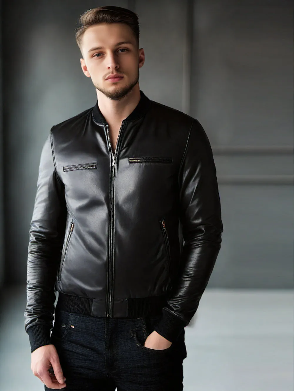 Simple Elegant Leather Bomber Jacket for Men