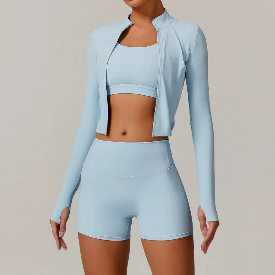 Simple Style Solid Color Nylon Spandex Standing Collar Tracksuits 3 piece sets