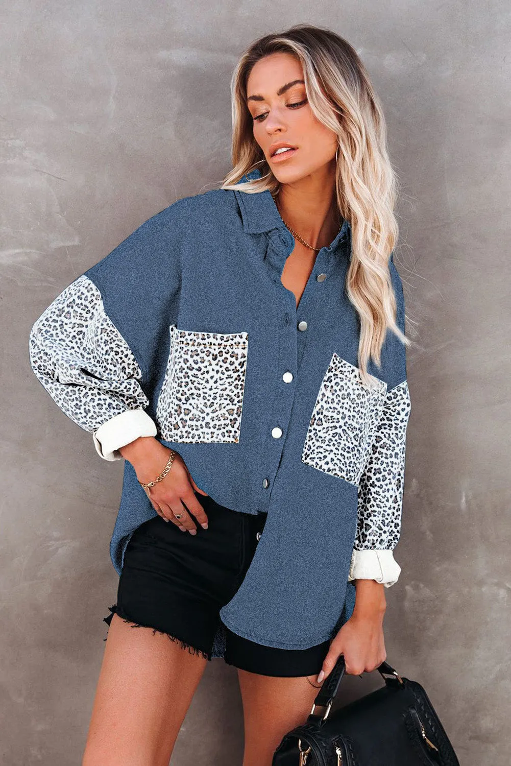 Sky Blue Contrast Leopard Denim Jacket